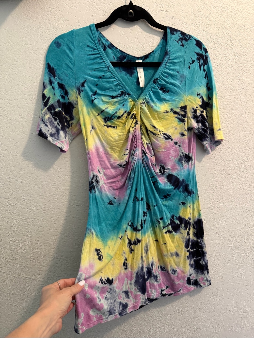 Ruched V-Neck Tie-Dye Short Sleeve Top in Teal, Yellow & Pink